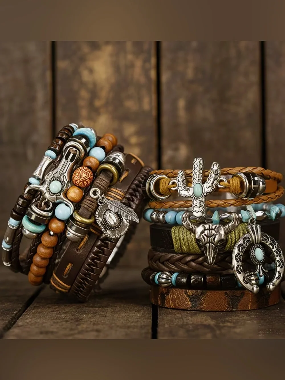 Western Layered Leather & Turquoise Bead Bracelet Stack